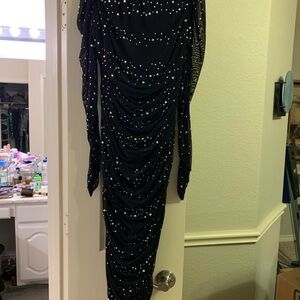 VENUS Black One Shoulder Dress with Silver Accents